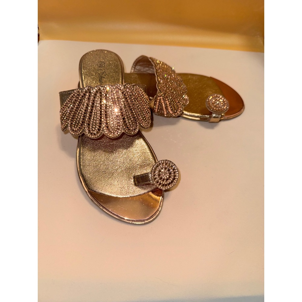 ShoeLand Womens‎ Gold Metallic Rhinestone Scallop Toe Loop Flat Slide Sandals 6